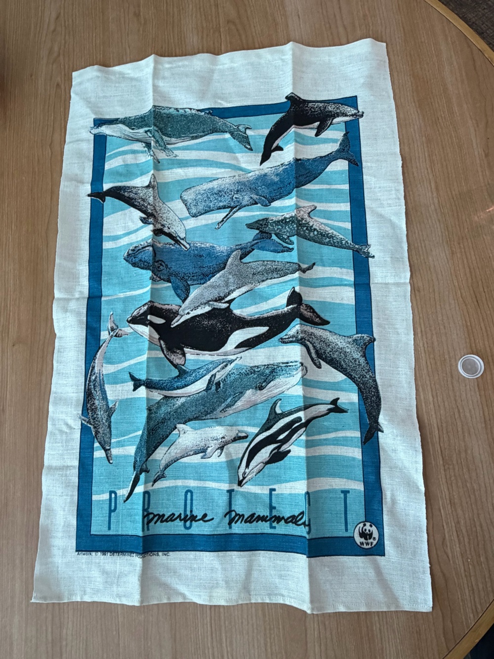 Vintage 1991 WWF Tea Towel in Blue with Whale & Dolphin Print